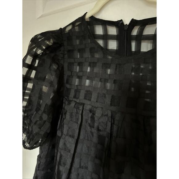 English Factory Puffy Sleeve Black Dress window pane semi sheer lined tired sz S - Picture 15 of 16
